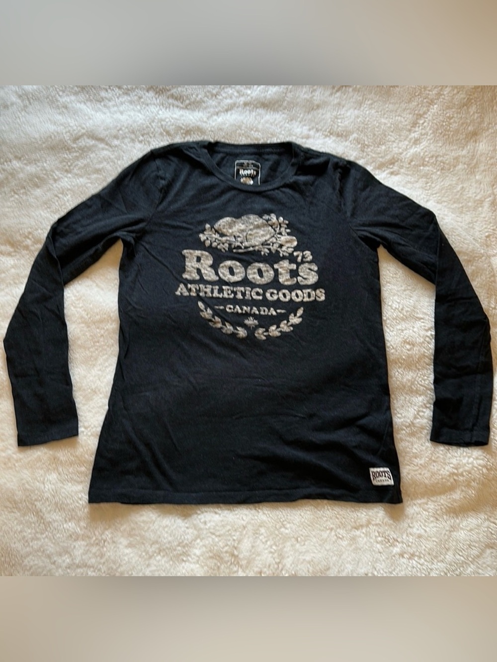 Roots Black Long Sleeve Logo Tee with Gray Print